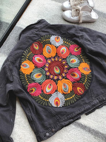 floral Embroidered Denim Jacket Black Chic Jacket Women Warm Jacket Coat