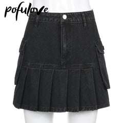 Jeans Mini Skirt Goth Denim Pleated Skirts with Big Pockets Women High Waist