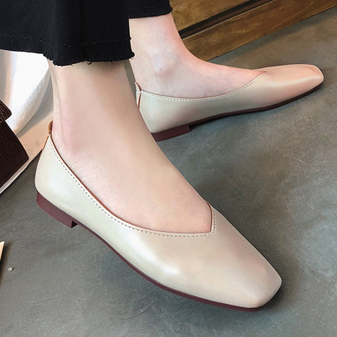 Women Flat Shoe Shallow Low-heeled Sandals Square Toe Slip-on Simple Shoes