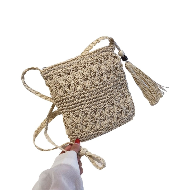 Women Woven Shoulder Bag with Tassel Hollow Out Crochet Crossbody Handbag Purse