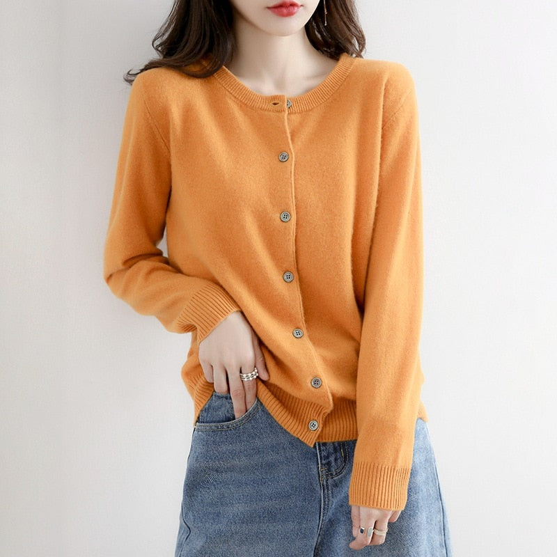 Cardigan Sweater Top Knit Long Sleeves Women's Round Neck Short Wool