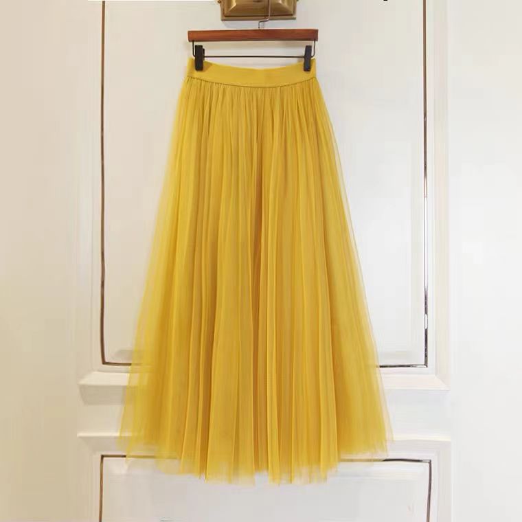 Tulle Long Skirt Women Pleated Skirt Elegant A-line High Quality Vintage Bottom