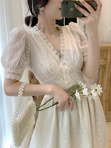 Elegant Lace Fairy Embroidery Mesh Sweet Long Dress