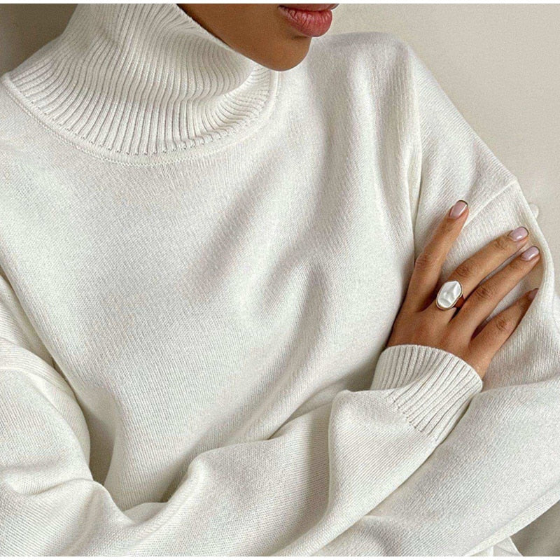 Women Casual Loose Knitted Sweater Pullovers Solid Cashmere Lapel Splited Turtleneck Sweaters Autumn Winter Elegant Female Tops