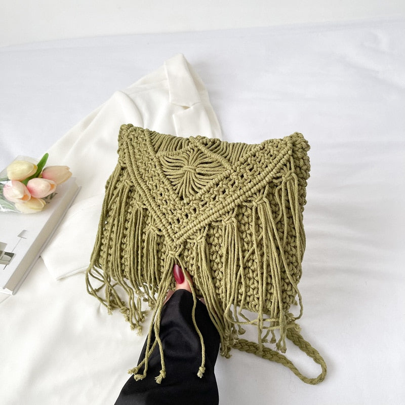 Tassel Straw Bag Women Handmade Woven Shoulder Bag