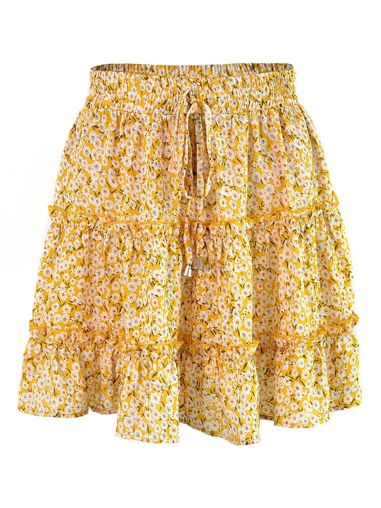 Floral Print Mini Skirt Women Bandage High Waist Frills Short Skirts