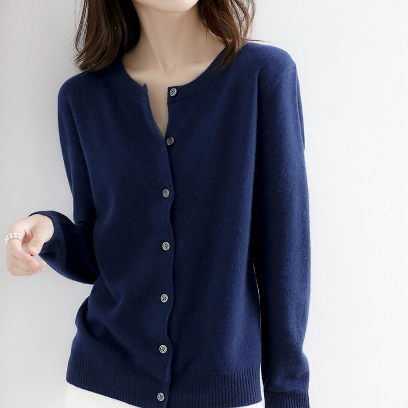 Cardigan Sweater Top Knit Long Sleeves Women's Round Neck Short Wool