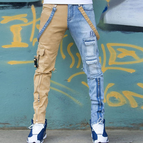 Men jeans high street straight overalls hip-hop trousers