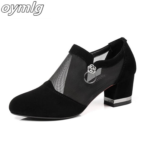 Women High Heel Shoes Mesh Breathable Zip Pointed Toe Thick Heels Footwear