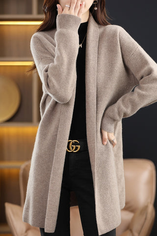 Slim 100% Pure Wool Sweater High-End Buttonless Mid-Length Cardigan Sweater Women