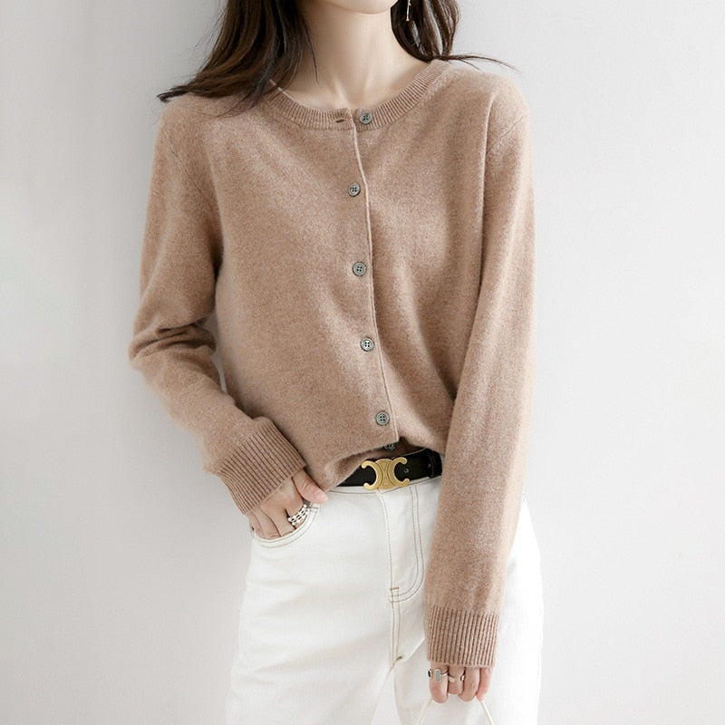 Cardigan Sweater Top Knit Long Sleeves Women's Round Neck Short Wool