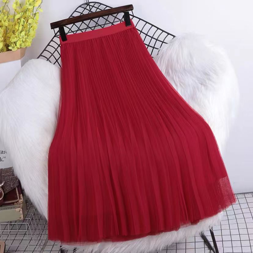 Tulle Long Skirt Women Pleated Skirt Elegant A-line High Quality Vintage Bottom