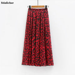 Pleated Chiffon Leopard Skirt Women Long Skirt High Waist Maxi Skirts