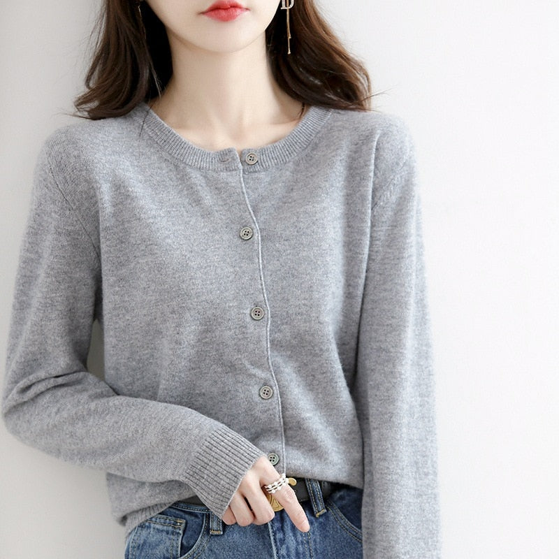 Cardigan Sweater Top Knit Long Sleeves Women's Round Neck Short Wool