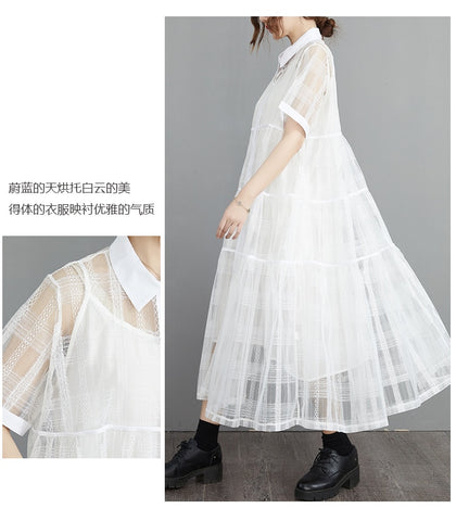Loose Patchwork Pleated Two-piece Sling Shirt Collar Dress Knee Length Skirt