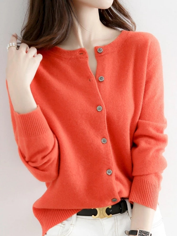 Cardigan Sweater Top Knit Long Sleeves Women's Round Neck Short Wool