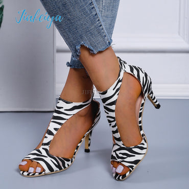 Fish Mouth Sandals Zebra Leopard High Heel Sandals Peep Toe Shoes