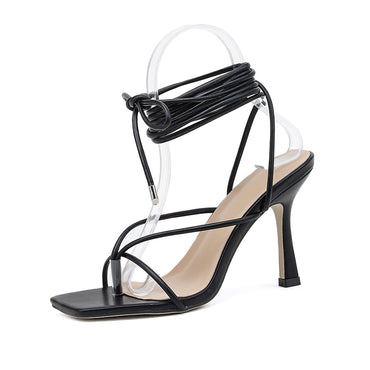 women sandals square toe high heels cross strap thong V shape design shoes