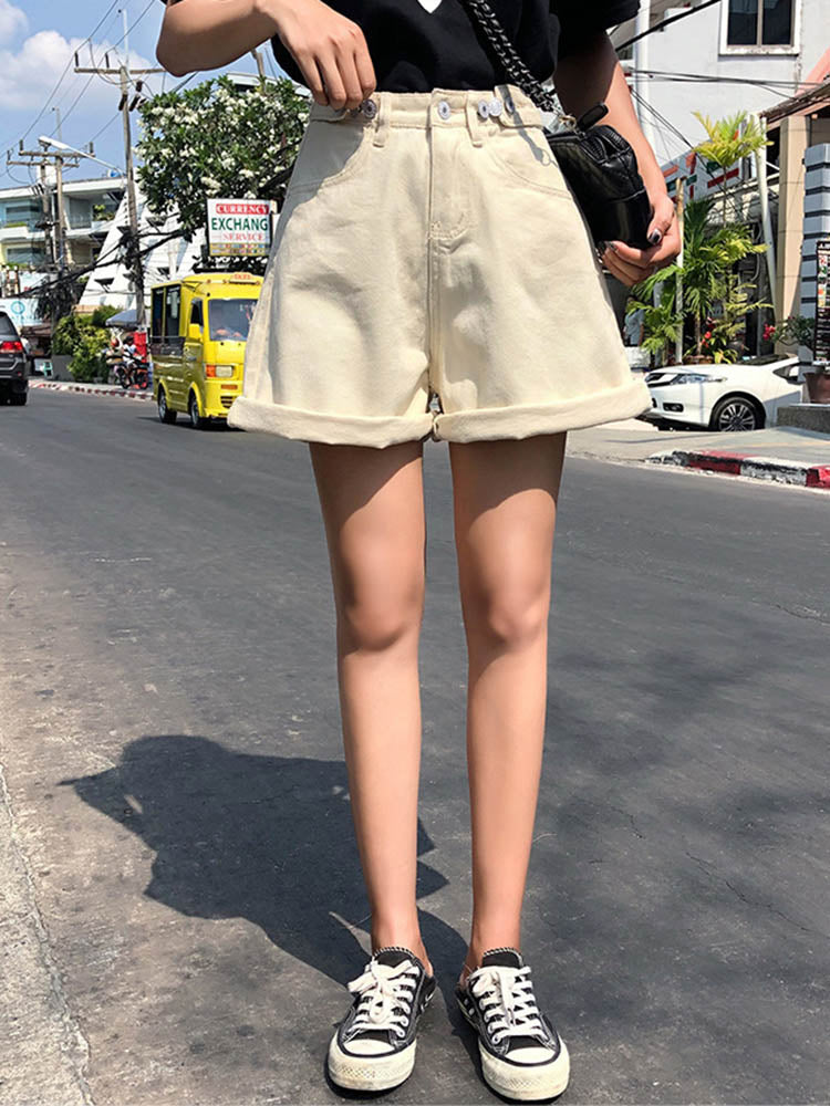 Women Shorts Hippie Button High Waist Short Wide Legs Jean Shorts