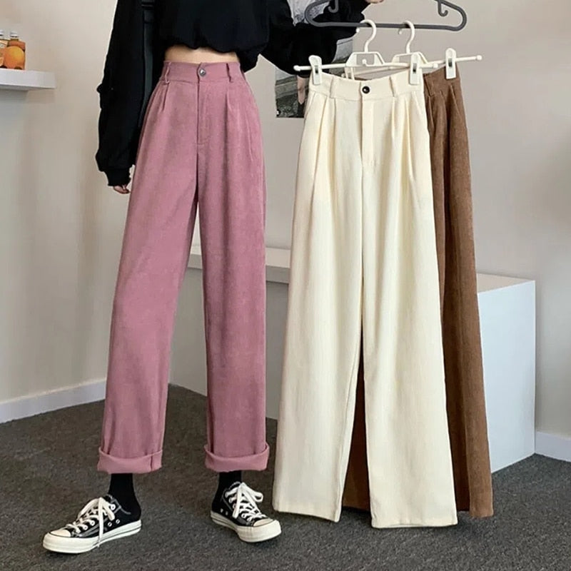 Leg Straight Pants Women High Waisted Warm Trousers Woman Loose