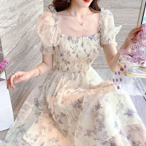 Fashion Chiffon Dress Vintage Floral Dress Square Collar
