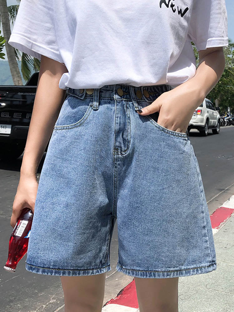 Women Shorts Hippie Button High Waist Short Wide Legs Jean Shorts