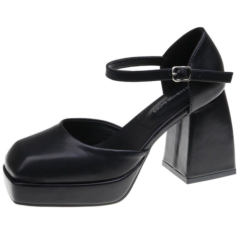Ankle Strap Platform Pumps Women Square Toe Shoes Goth Thick High Heels