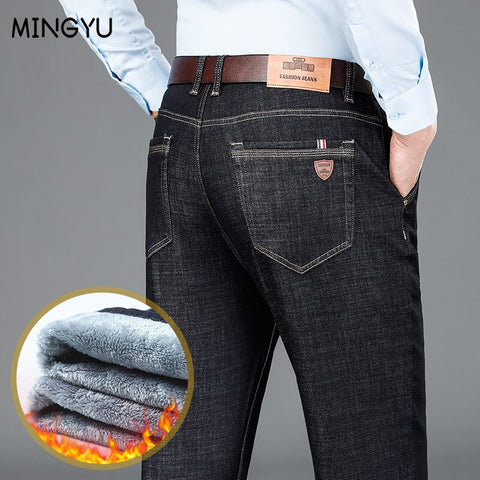 Fleece Jeans Men Business Cotton Straight Pants Thick