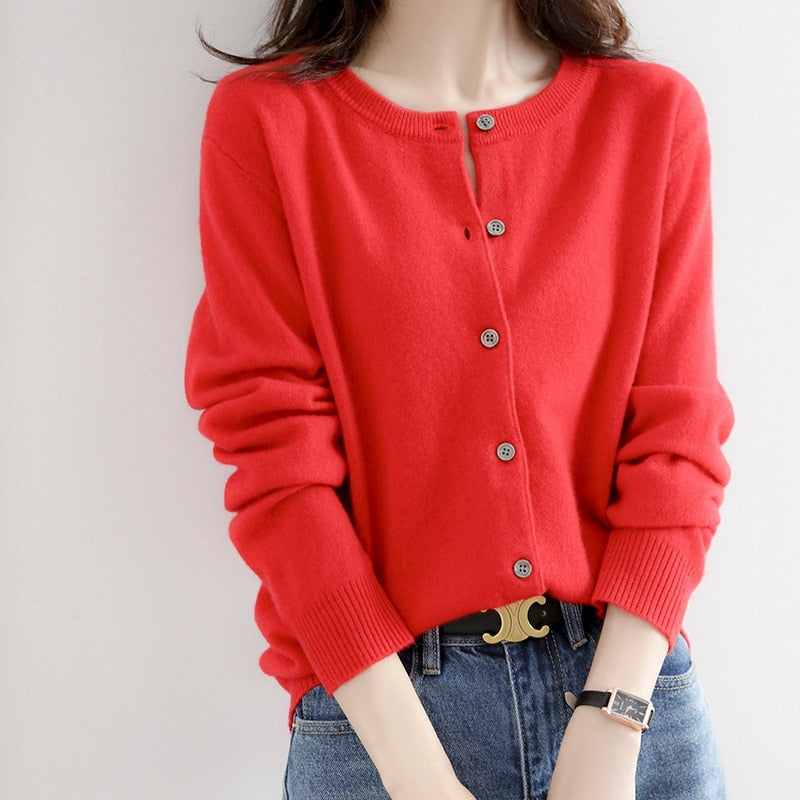 Cardigan Sweater Top Knit Long Sleeves Women's Round Neck Short Wool