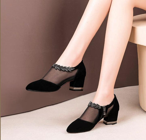 Women High Heel Shoes Mesh Breathable Zip Pointed Toe Thick Heels Footwear
