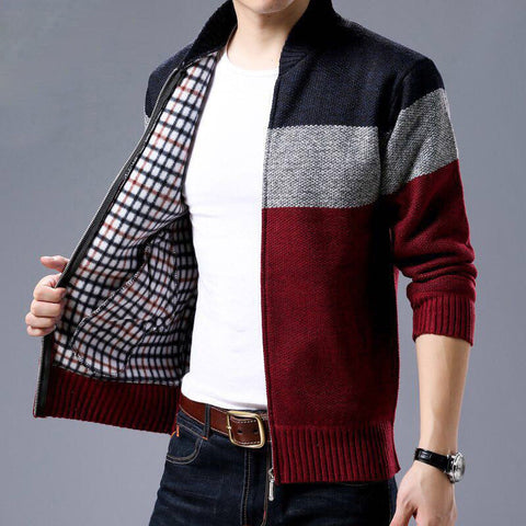 Men Cardigan Keep Warm Knit Sweater Stitching Stand Collar Zipper Coats Jackets