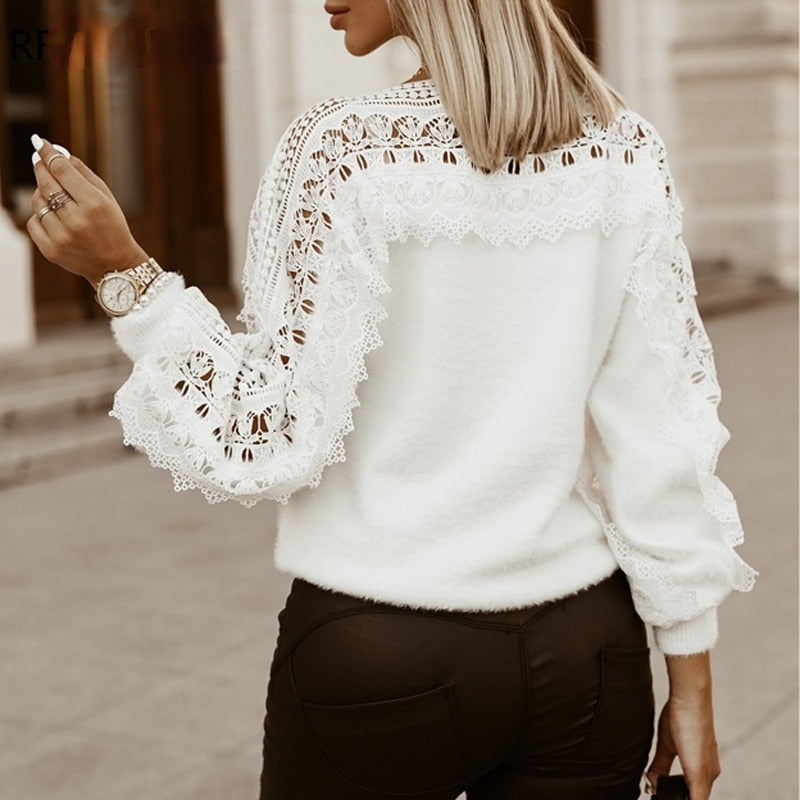 Guipure Lace Lantern Sleeve Long Sleeve Sweater Women Top