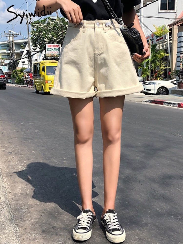 Women Shorts Hippie Button High Waist Short Wide Legs Jean Shorts