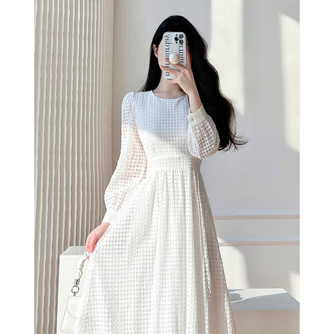 Lace Midi White Dress Long Sleeve Vintage A-Line Fashion