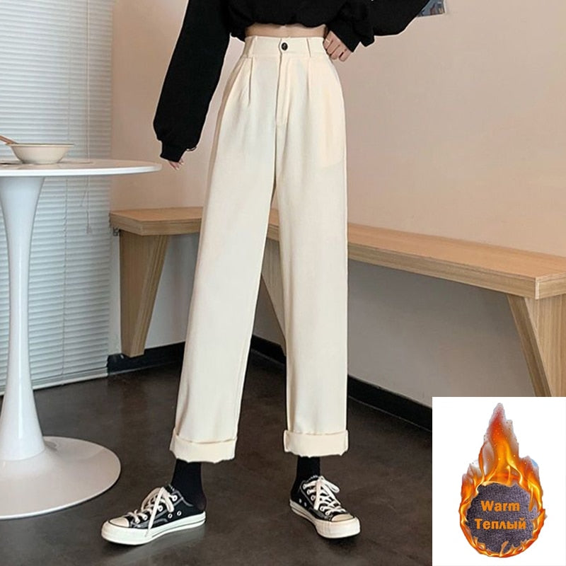 Leg Straight Pants Women High Waisted Warm Trousers Woman Loose