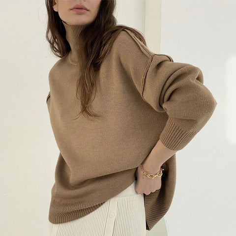 Women Casual Loose Knitted Sweater Pullovers Solid Cashmere Lapel Splited Turtleneck Sweaters Autumn Winter Elegant Female Tops