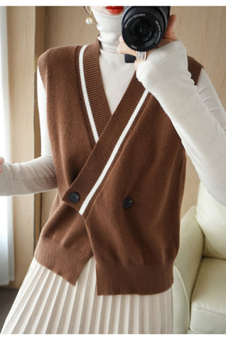 women sweater vest V-neck sleeveless buckle Pullover