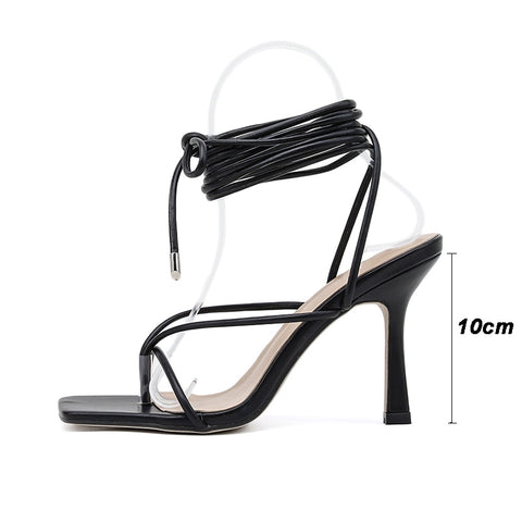 women sandals square toe high heels cross strap thong V shape design shoes