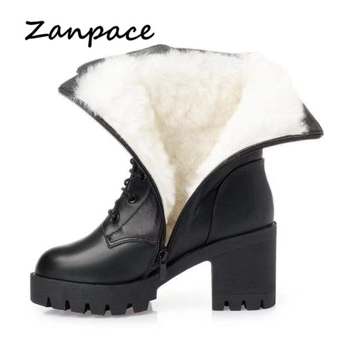 Women Boots High-heeled Wool Keep Warm Shoes Snow Boots