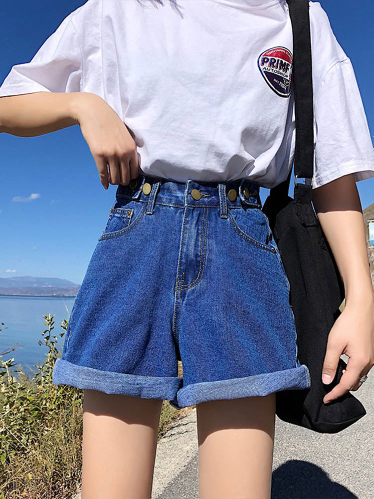 Women Shorts Hippie Button High Waist Short Wide Legs Jean Shorts