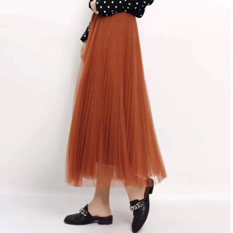 Tulle Long Skirt Women Pleated Skirt Elegant A-line High Quality Vintage Bottom