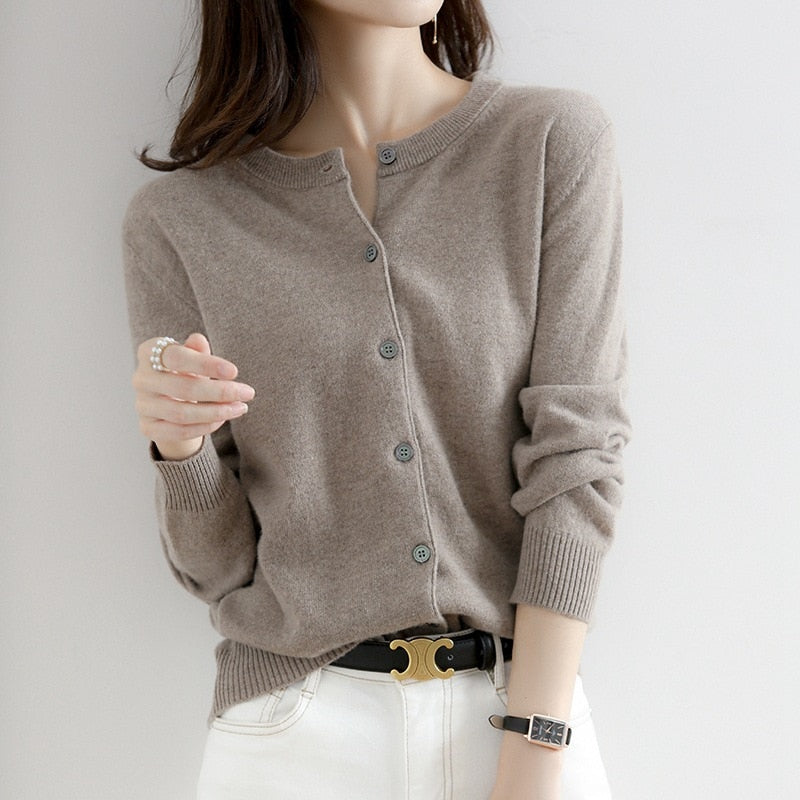 Cardigan Sweater Top Knit Long Sleeves Women's Round Neck Short Wool