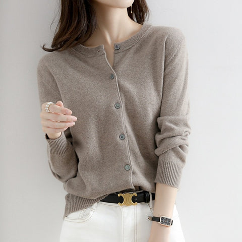 Cardigan Sweater Top Knit Long Sleeves Women's Round Neck Short Wool
