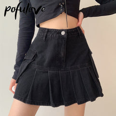 Jeans Mini Skirt Goth Denim Pleated Skirts with Big Pockets Women High Waist