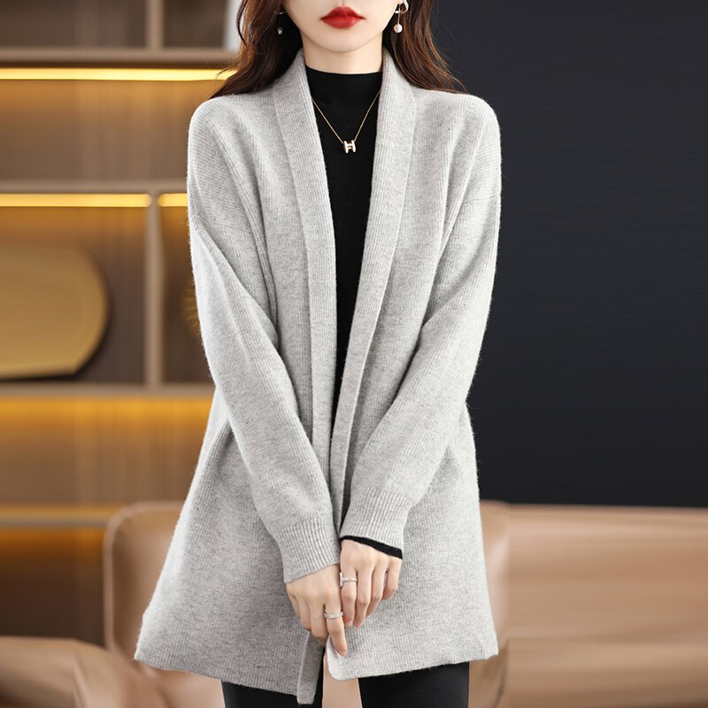 Slim 100% Pure Wool Sweater High-End Buttonless Mid-Length Cardigan Sweater Women