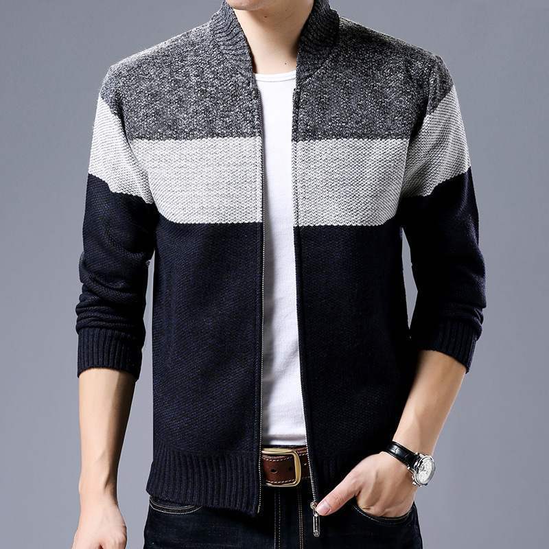 Men Cardigan Keep Warm Knit Sweater Stitching Stand Collar Zipper Coats Jackets