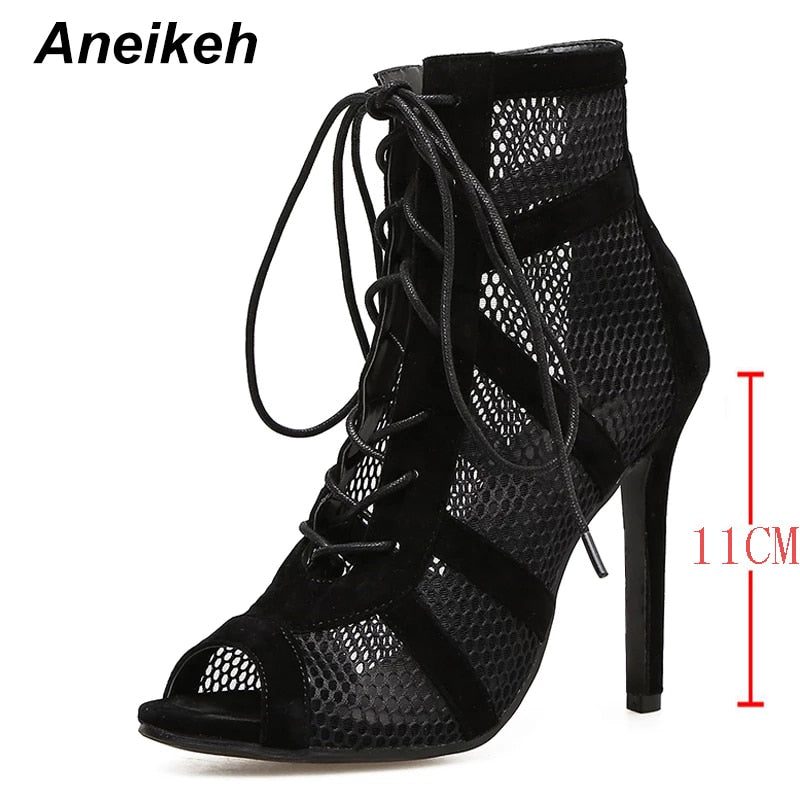 Sandals Boots Women High Heels Hollow Out Mesh Lace-Up Cross-tied Boots