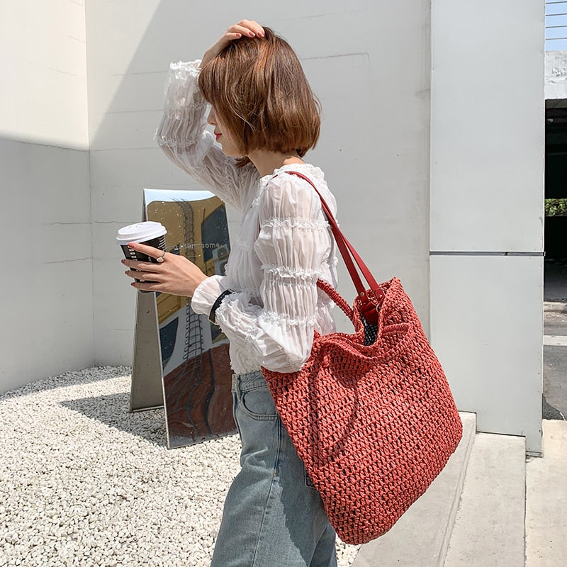 Casual Straw Women Shoulder Bags Wicker Woven Handbags Bag Tote Purses