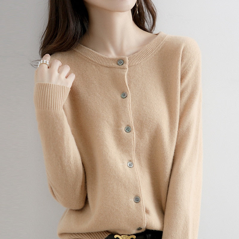 Cardigan Sweater Top Knit Long Sleeves Women's Round Neck Short Wool