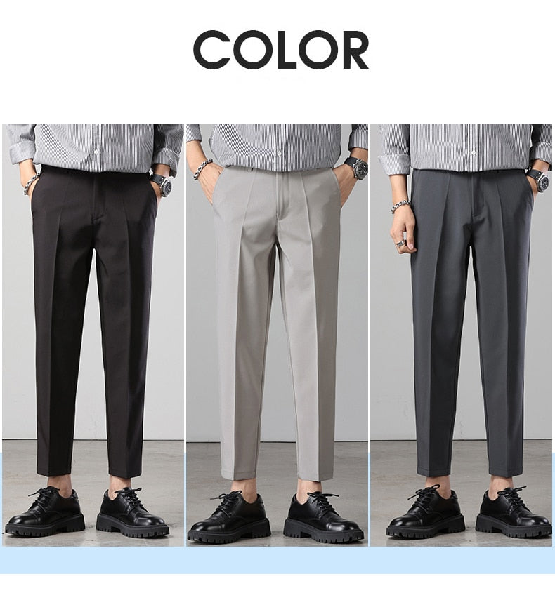 Ankle-Length Pants Men Stretch Business Suit Formal Trousers